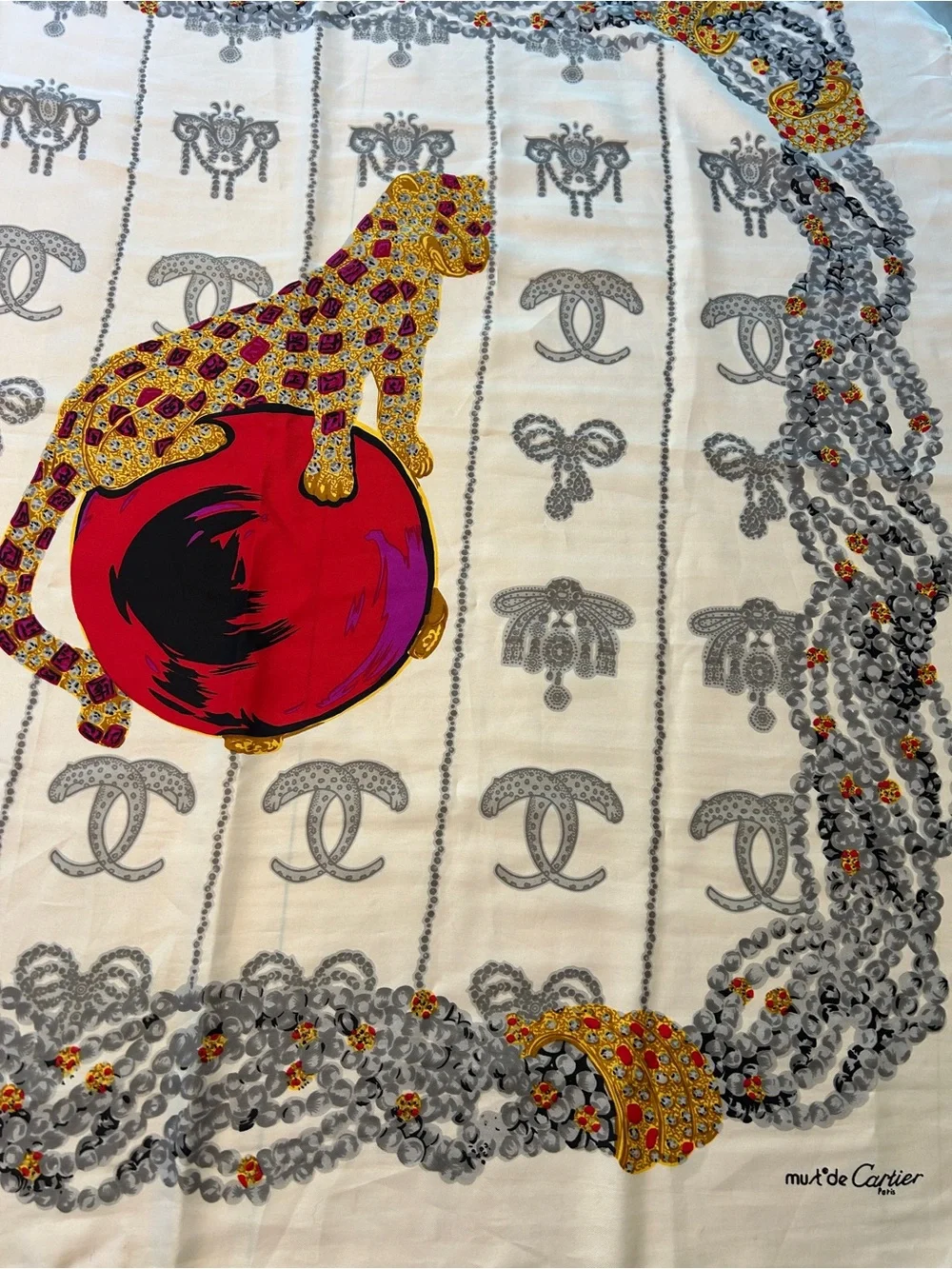 Cartier Off White Silk Scarf with Red, Gold & Gray Accents